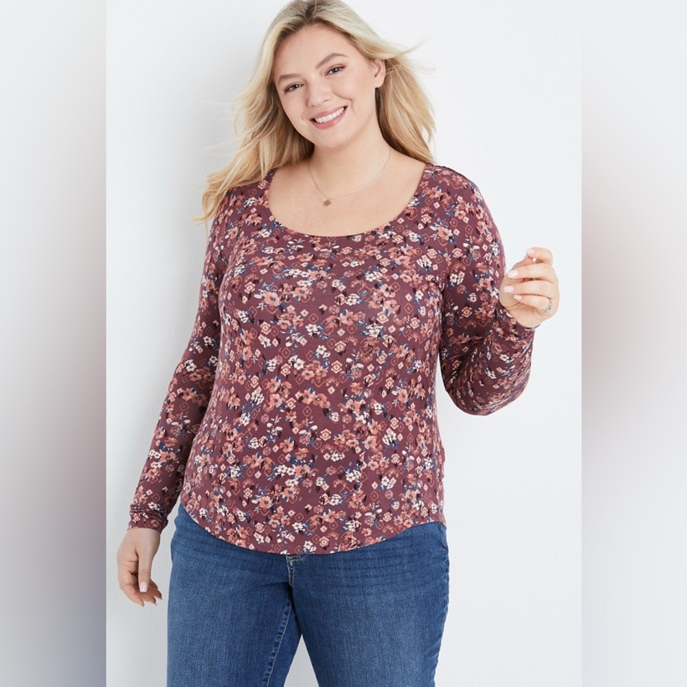 Maurices Serenity Floral Long Sleeve Scoop Neck Top Plus Size 2X Boho
